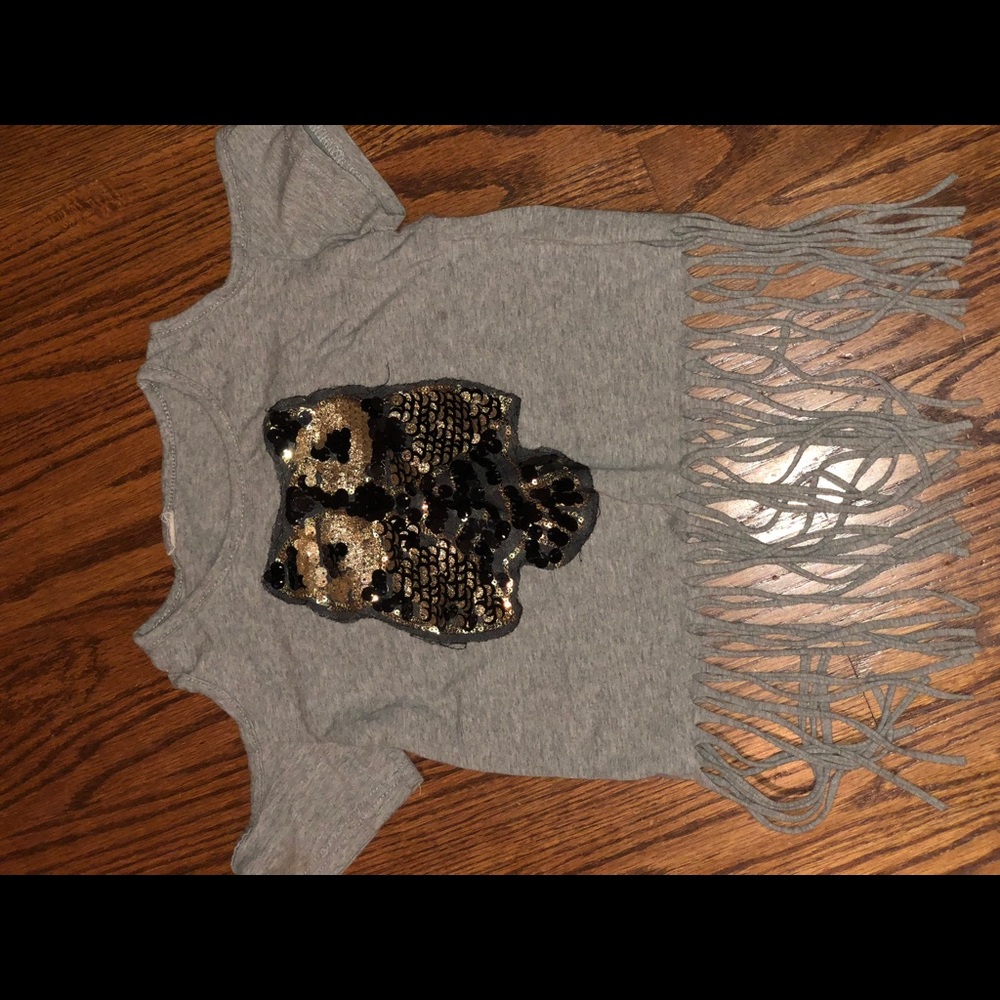 Trendy cold shoulder owl sequin top w fringe